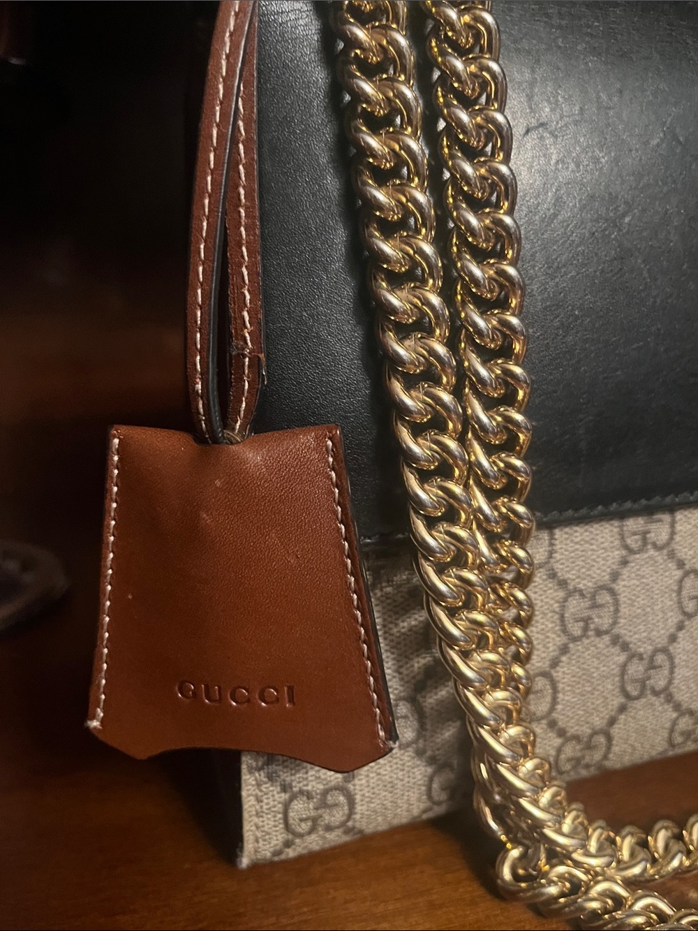 Gucci Black Leather & Beige GG Canvas Shoulder Bag with Gold Hardware